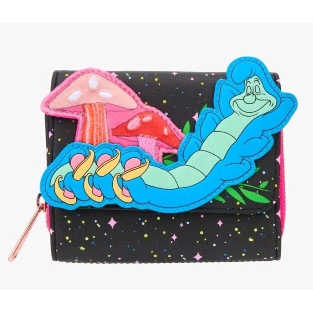 Loungefly Disney Alice in Wonderland Caterpillar Mushroom Fuzzy Flap Wallet NEW